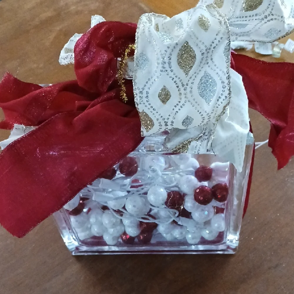 Festive Red and White Decorative Glass Square Block Display Piece